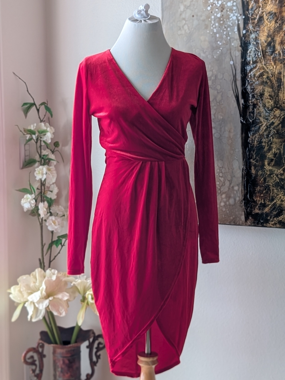 Elegant Crimson Wrap-Style Long Sleeve Dress